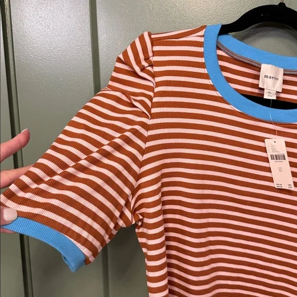 Maeve brown & White Striped Tee with Blue Trim - Picture 7 of 8